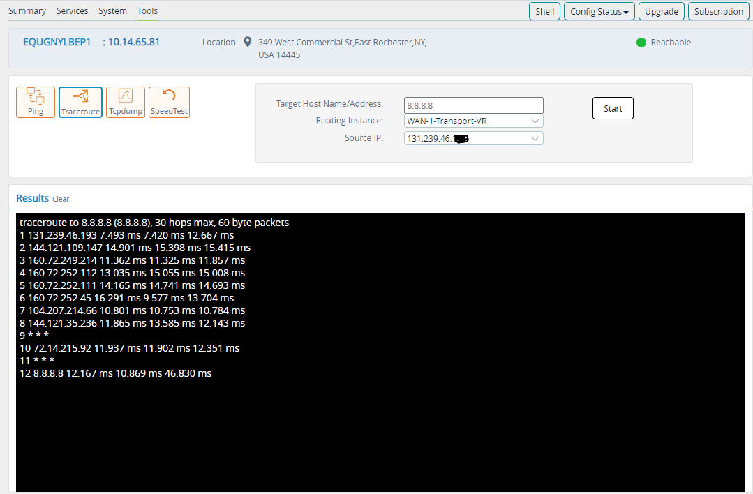 standard trace route test view